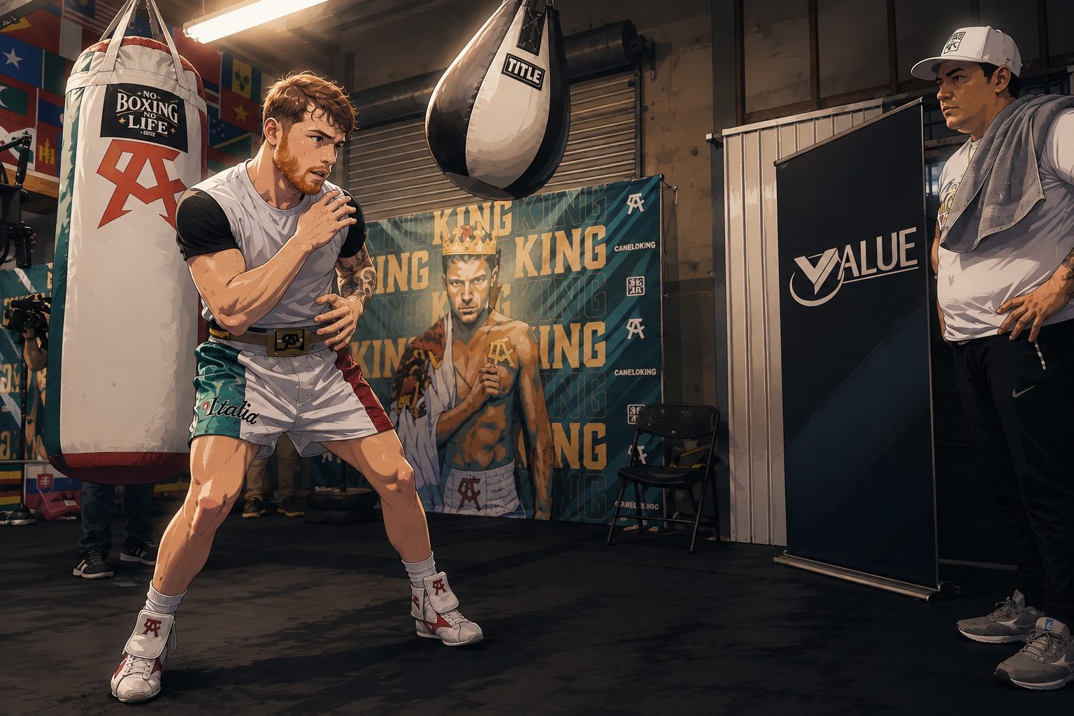 Ilustración de un boxeador entrenando bajo la supervisión de su entrenador para convertir el análisis del rendimiento en objetivos
