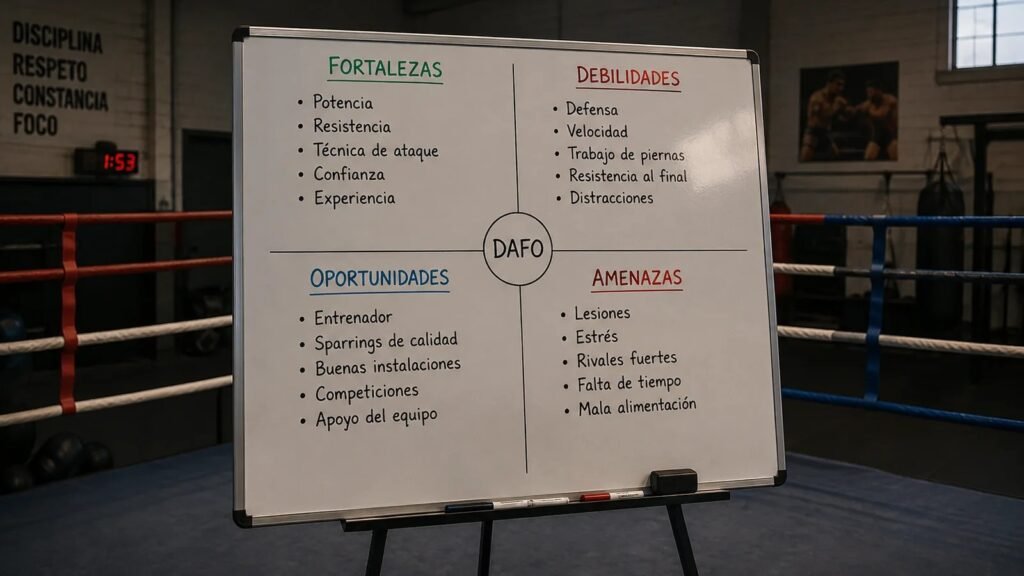 Análisis DAFO del boxeador: cómo crear un plan de entrenamiento eficaz Pizarra con un análisis DAFO en un ring de boxeo para evaluar fortalezas, debilidades, oportunidades y amenazas del boxeador y planificar el entrenamiento.