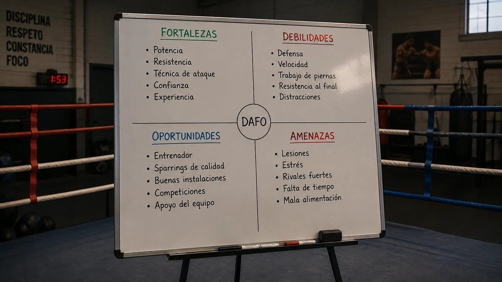 Pizarra con un análisis DAFO en un ring de boxeo para evaluar fortalezas, debilidades, oportunidades y amenazas del boxeador