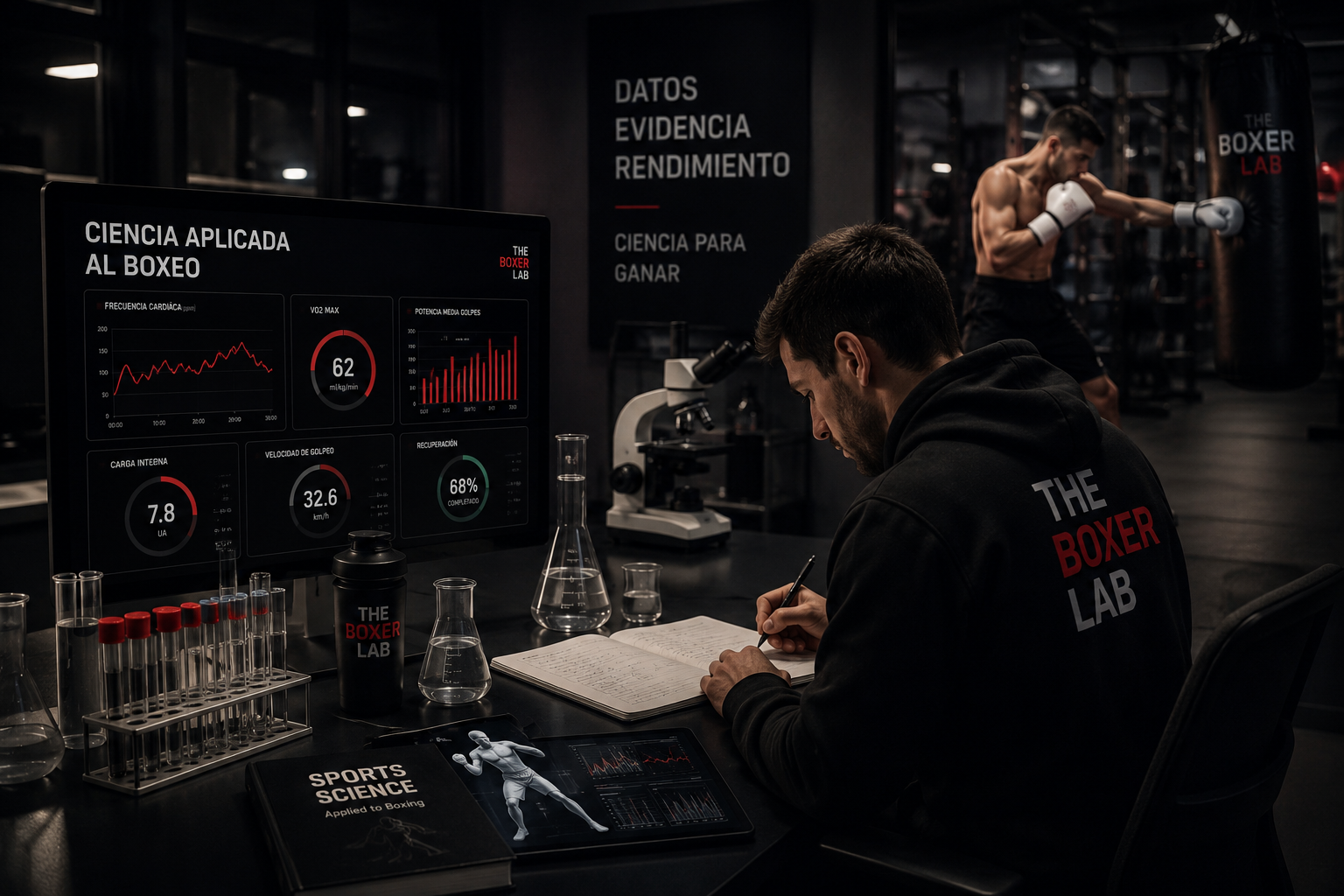Investigador analizando datos de rendimiento, potencia de golpeo y recuperación mediante ciencia aplicada al boxeo