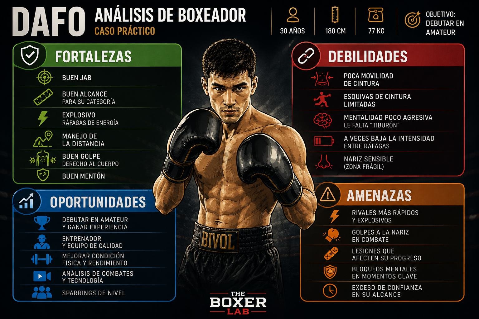 Infografía de un análisis DAFO aplicado a un boxeador amateur con fortalezas, debilidades, oportunidades y amenazas