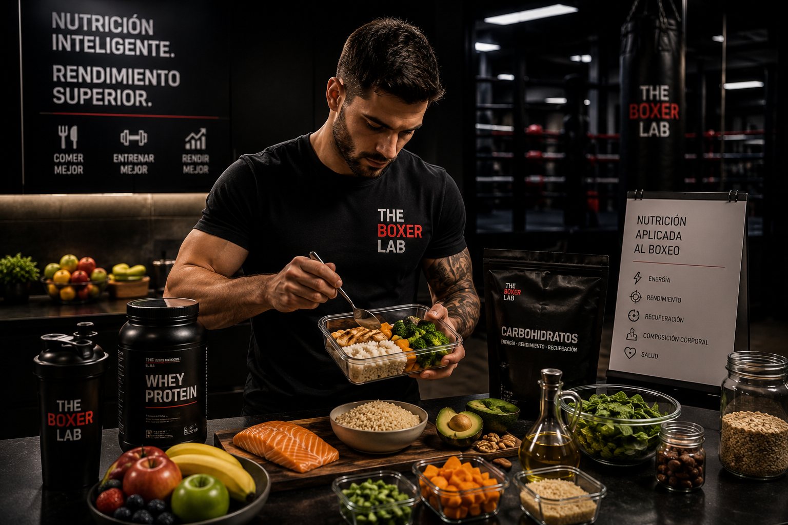 Boxeador preparando una comida equilibrada para mejorar el rendimiento mediante nutrición deportiva