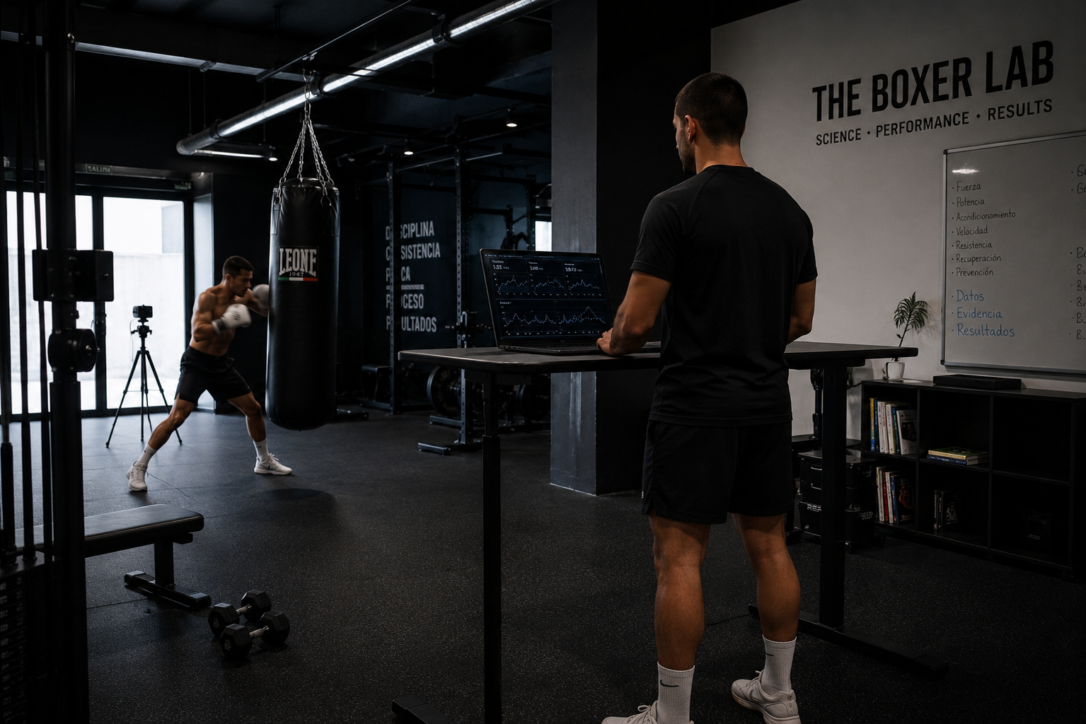 Entrenador analizando el rendimiento de un boxeador en un laboratorio de preparación física de The Boxer Lab.